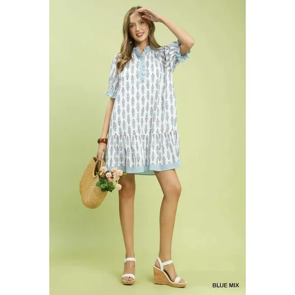 Umgee Striped Trim Floral Tiered Mini Dress - Blue Mix - Medium - Image 5