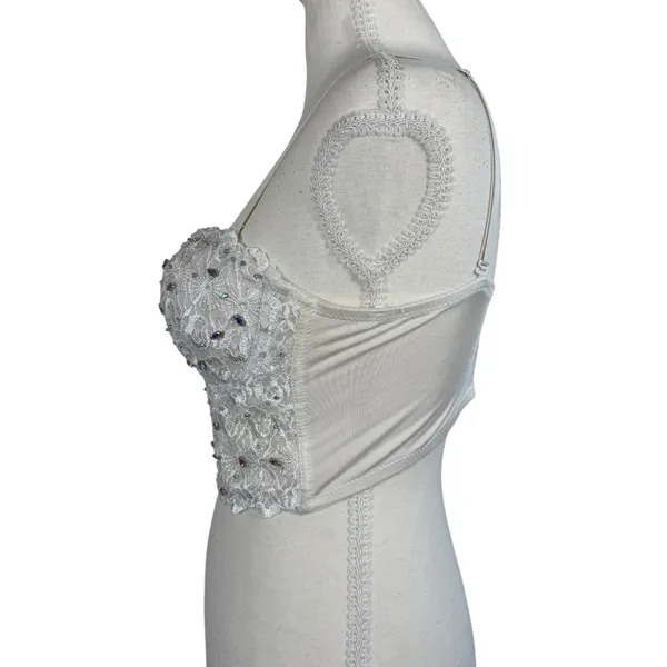 White Lace Bustier Crop Top Womens M Beaded Rhinestone Corset Cami Y2K Bridal - Image 12