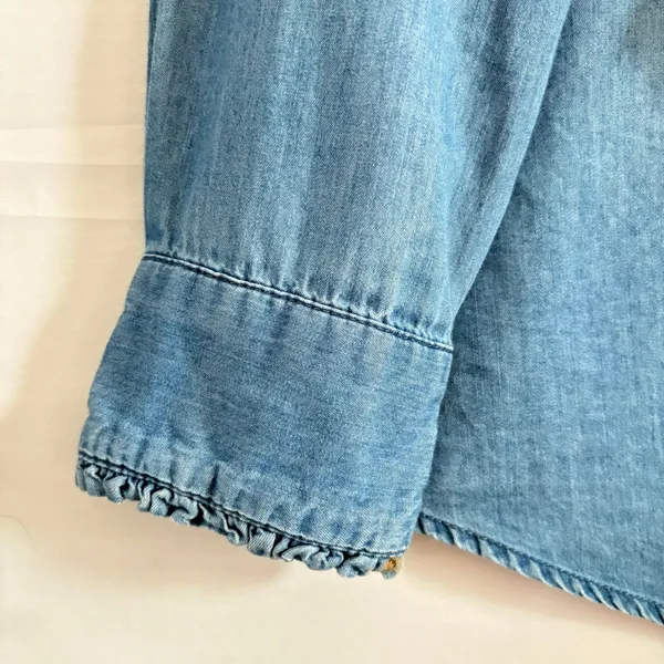 Kensie Jeans Blue Denim‎ Shirt Ruffle Mandarin Collar Long Sleeve Light Wash XL - Image 7