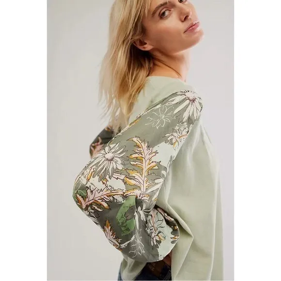 Free People Picking Petals Top Seafoam Green Contrast Sleeves Women's Size S - Image 4