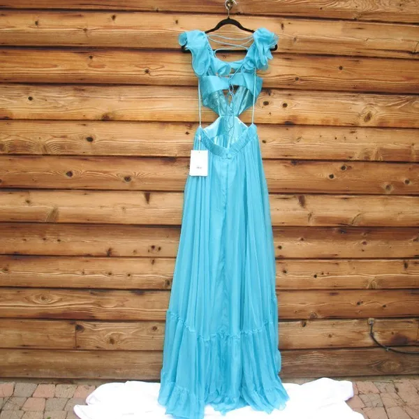 Mac Duggal 70254 Womens Blue Ruffled Shoulder Cut Out Lace Up Gown Dress - Image 13