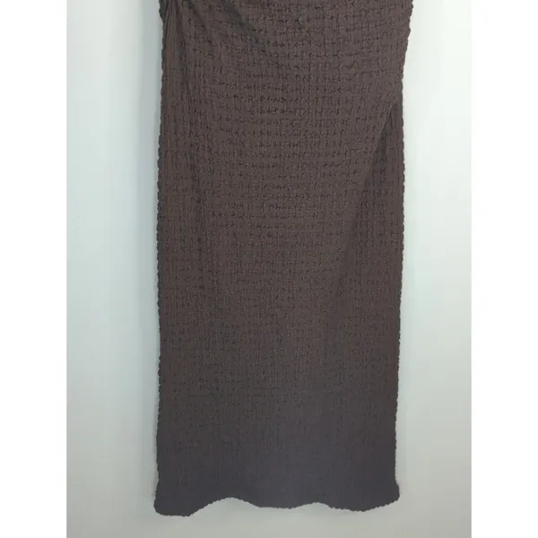 Zara Expresso Brown Textured Knot Ruched Side Maxi Dress LARGE Modest‎ Preppy - Image 5
