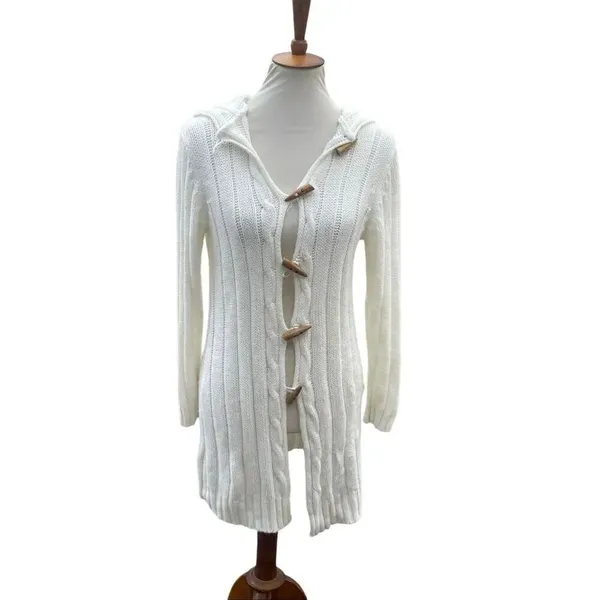 Fancy Design White Knit Hooded Sweater Jacket Toggle Buttons Size S/M NWOT - Image 2