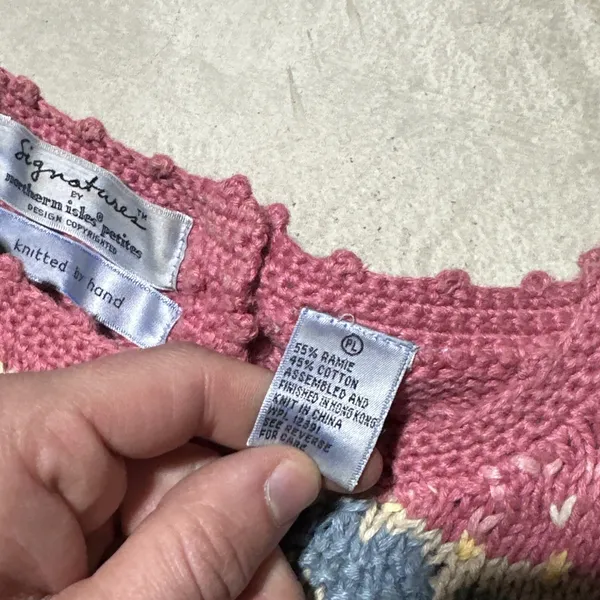 Vintage Hand Knitted Cardigan Sweater SZ L Cottagecore Antiques Farm House Pink - Image 5