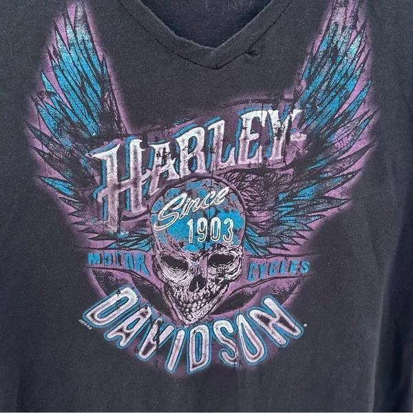 HARLEY-DAVIDSON H-D Pig Trail‎ Pink Purple Skull Wings Graphic V Neck Womens XL - Image 4