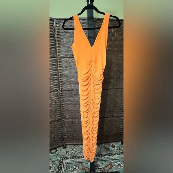 New Naked Wardrobe Power Mesh Ruched Midi Dress Orange - Size Large - Sold Out - Image 3