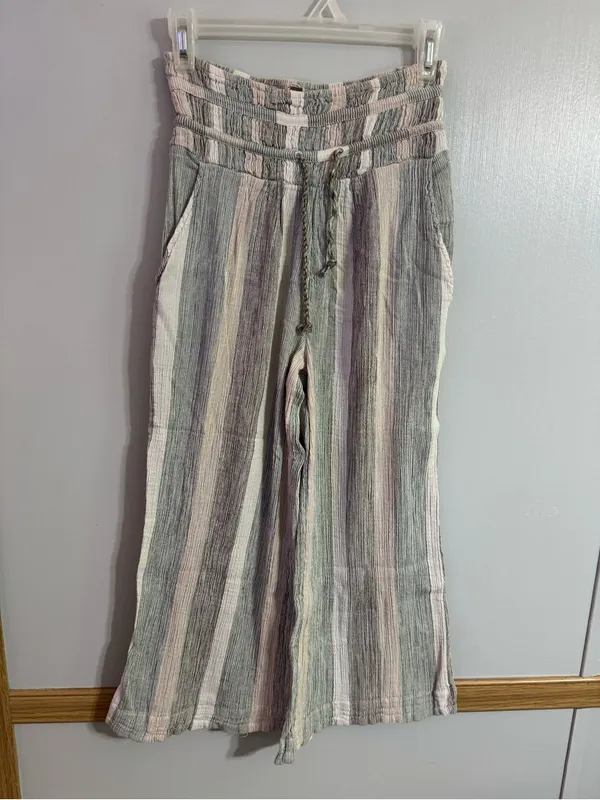 Free People Cotton Striped Wide Leg Pants in Pastel Green, Black & Cream Size XS - Image 10