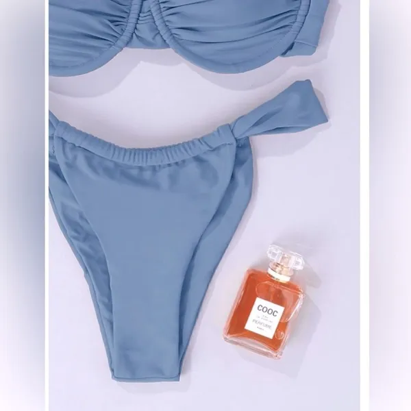 NWT Hilinker Blue Ruched Bikini Criss Cross Back High Cut Swimsuit Set Sz M - Image 4