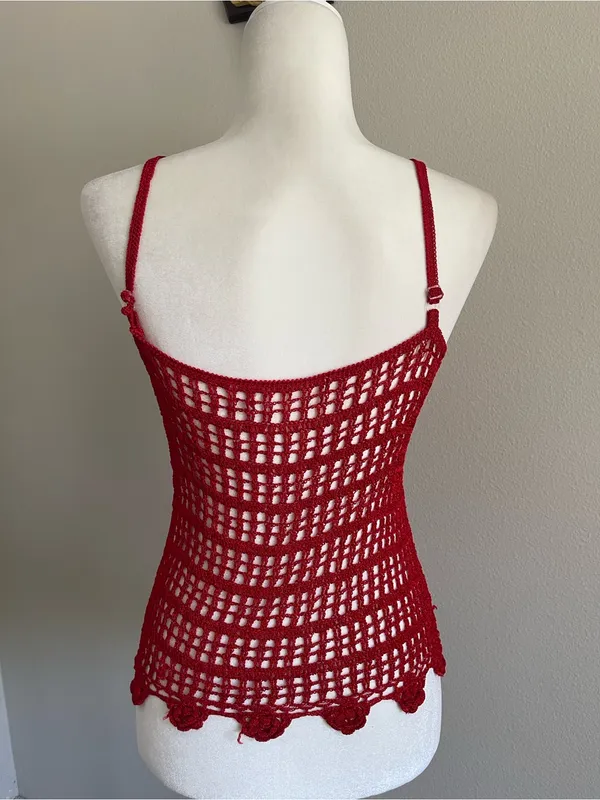 Red Crochet Beaded Cami Tank Top Size M - Image 4
