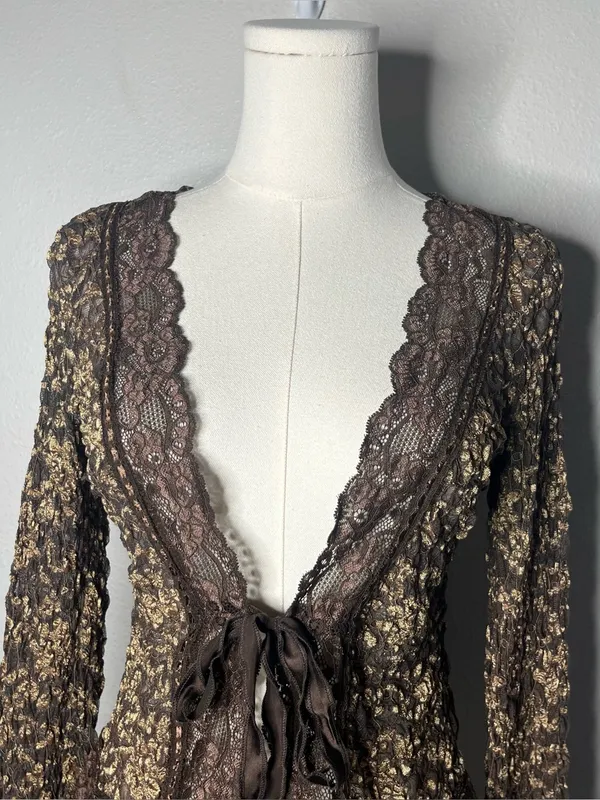 Y2K Vintage Ann Ferriday Chocolate Brown Floral Lace Tie Front Cardigan Top - Image 3