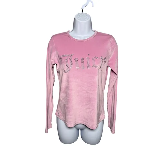 Juicy Couture Pink‎ Velour Rhinestone Logo Long Sleeve Top Y2K - Image 2