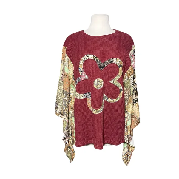 NWT DANI & DAVI Women’s Boho Flower Appliqué Printed Poncho Top - Image 4