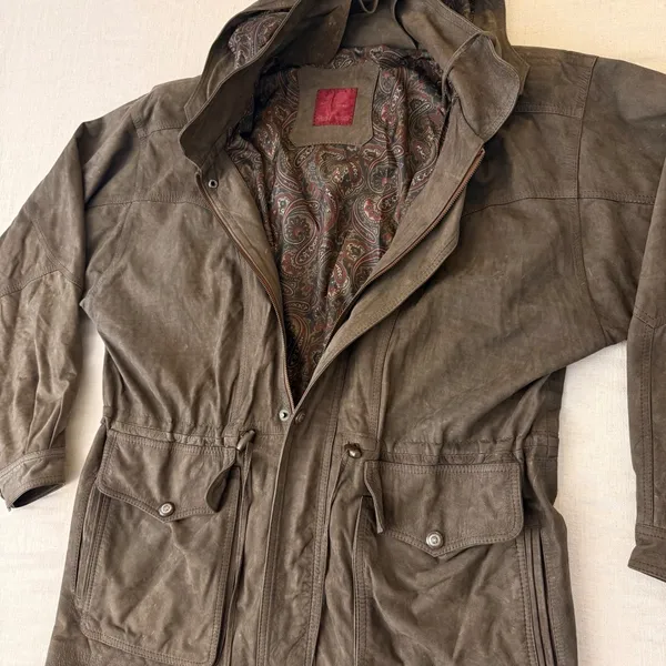 Patricks Cotacachi‎ Ecuador Brown Leather Hooded Field Jacket Paisley Lined - Image 9