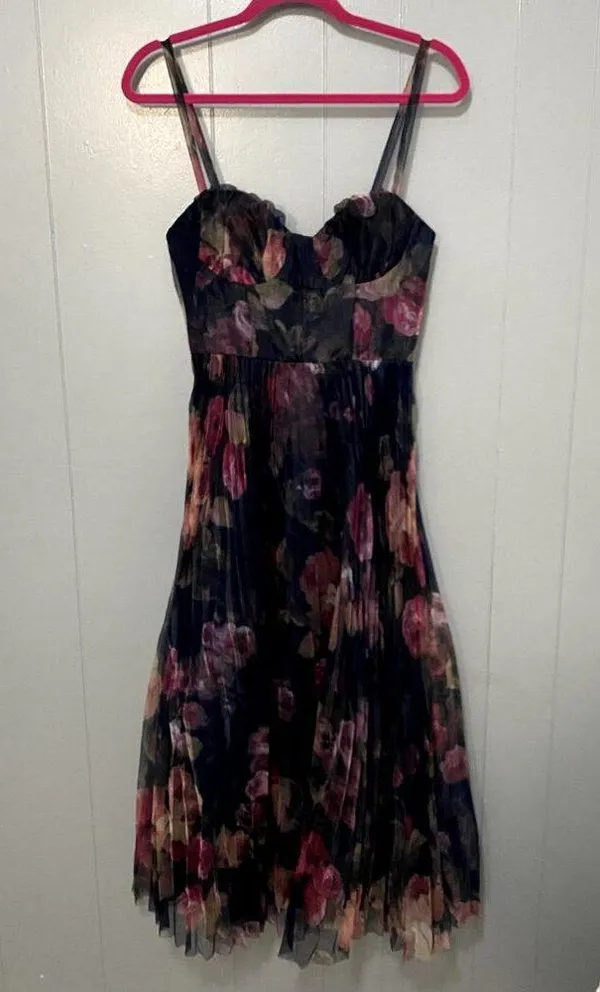 NWOT Lulus Alluring Invite Midnight Blue Floral Pleated Bustier Midi Dress S - Image 3