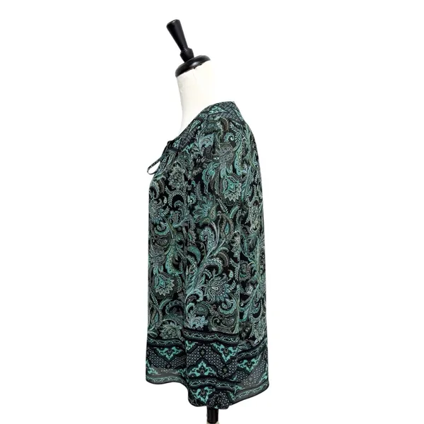 Kim Gravel Belle Black Green Paisley Sheer Sleeve Overlay Split V Neck Tie Top M - Image 5