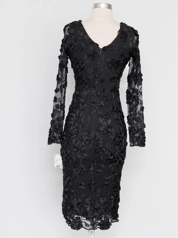 AQUA Formal - Black 3D‎ Floral Appliqué Sheer Sleeve Midi Dress - Image 3
