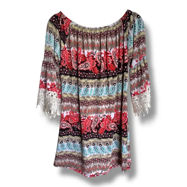 Win Win WinWin Half Sleeve Lace Tunic Paisley Stretch Off‎ Shoulder L / XL - Image 4