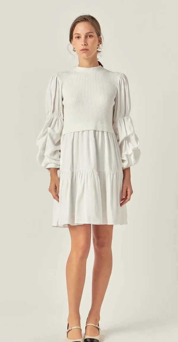 English Factory Mixed Media Puff Sleeve Mini Dress - Image 2