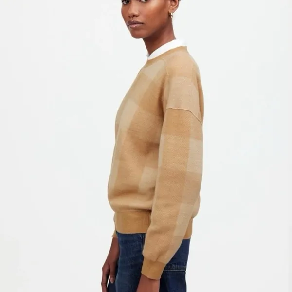 MADEWELL Women's XL Merinol Wool Windowpane Plaid Pullover Sweater Camel Tan - Image 16
