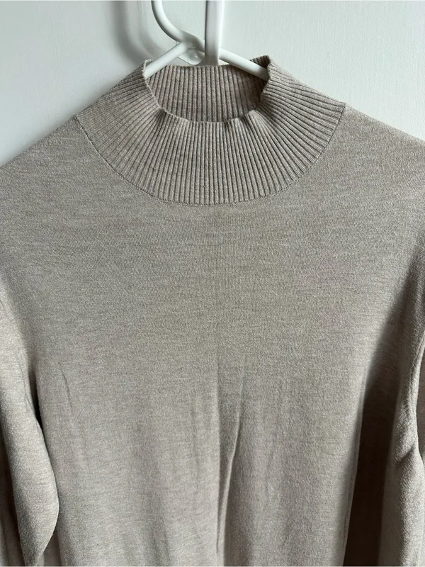 Mango Long Sleeve Mock Neck Knit Dress in Light Beige - Image 2