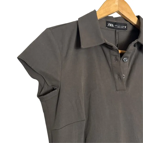 Zara Gray Dark Academia Blogger Box Pleated Drop Waist Belted Polo Mini Dress S - Image 4