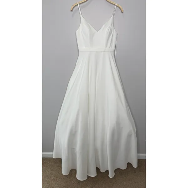 IEENA for Mac Duggal A-Line V-Neck Ball‎ Gown 4 White Bridal Wedding Minimalist - Image 4