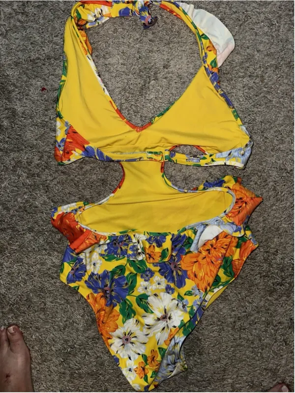 Aerie Yellow Floral Monokini Floral Ruffle Halter One Piece Swimsuit Large - Image 8
