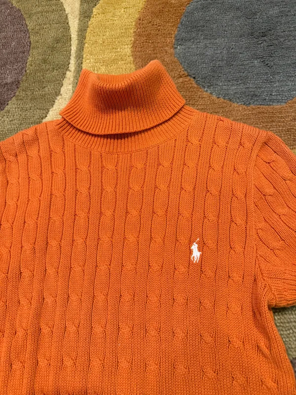 Ralph Lauren Sport Cable Knit Turtleneck Short Sleeve Sweater Orange Size Large - Image 2