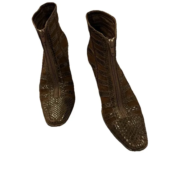 Italian Brown Suede & Snake Embossed Leather Ankle Bootie Women’s Size 7 - Image 2