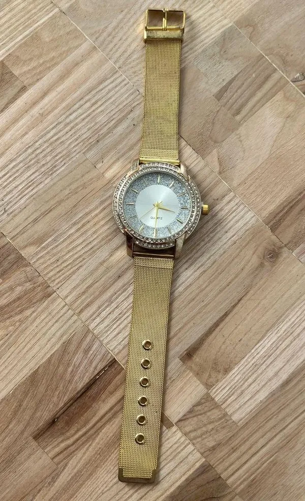 Crystal Embellishments Ladies Watch Silver Shimmery Dial Gold-Tone Bracelet - Image 4