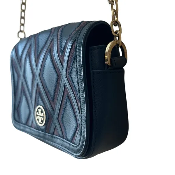Tory Burch Robinson Patchwork Chain Crossbody Blue Leather Purple Suede‎ - Image 5