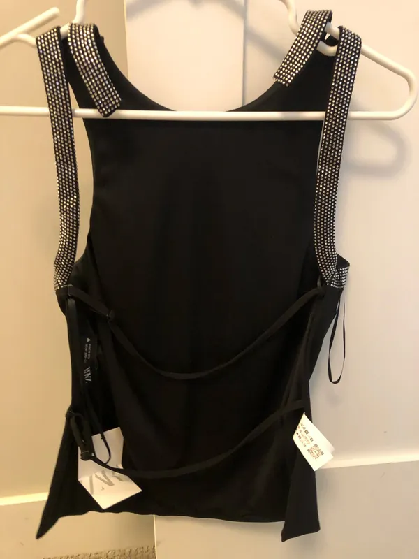 NWT Zara Black Rhinestone trim open back top. Size Small - Image 2
