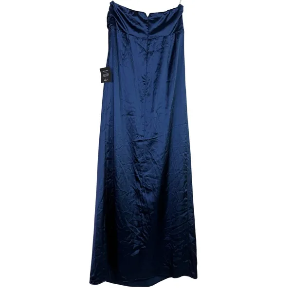 NWT Lulus Memorable Entrance Strapless Satin Pleated Maxi Dress L Dark Blue - Image 6