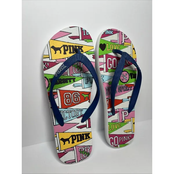 Victoria's Secret PINK Flip Flops Large Collegiate‎ Pennant Love Spirit New - Image 3