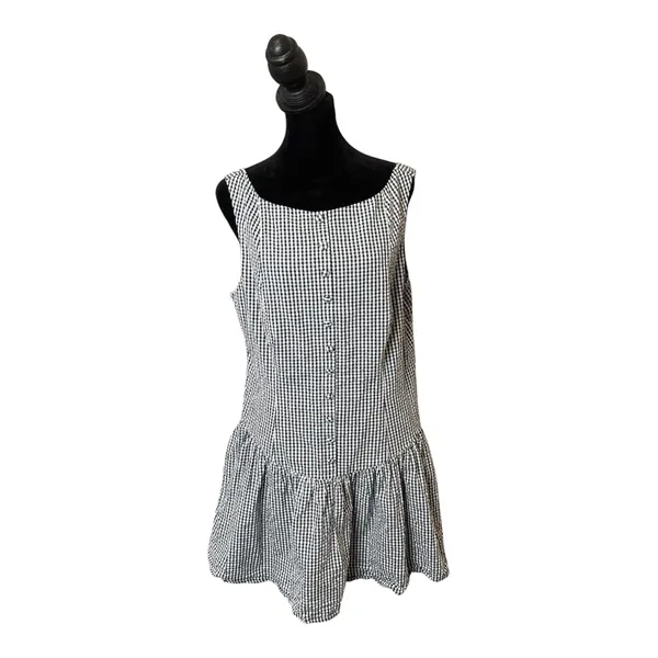 Wild Fable Seersucker Gingham Plaid Mini Dress Womens L Navy White Button Front Drop Waist - Image 16