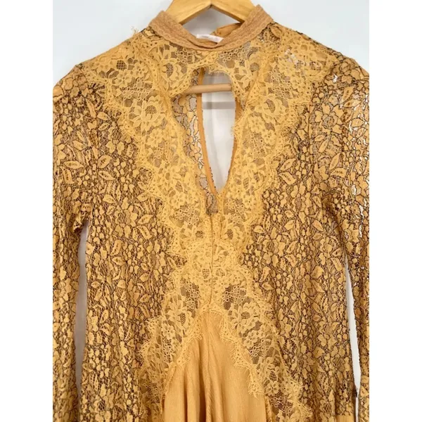 Free People Yellow Tell‎ Tell Secret Origins Eyelash Lace Tunic Dress Size XS - Image 3