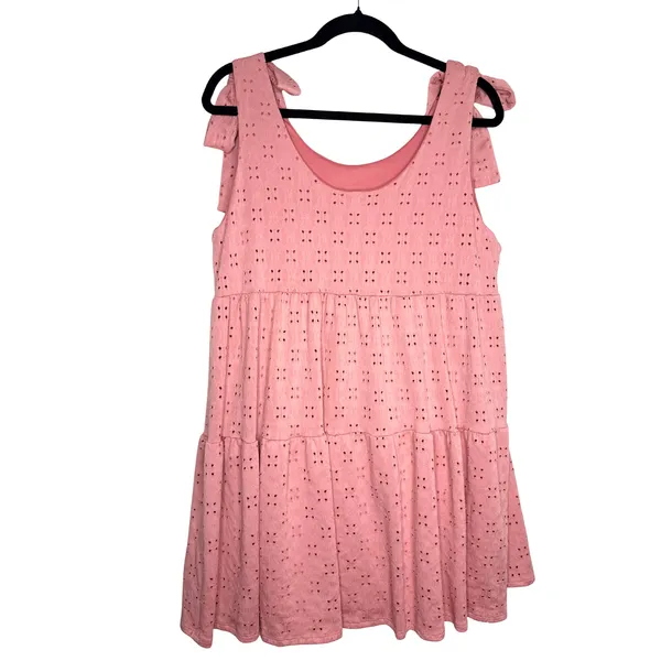 SPLA Eyelet Tie Shoulder Tiered Mini Dress Size Large Pink Cottagecore Easter - Image 10