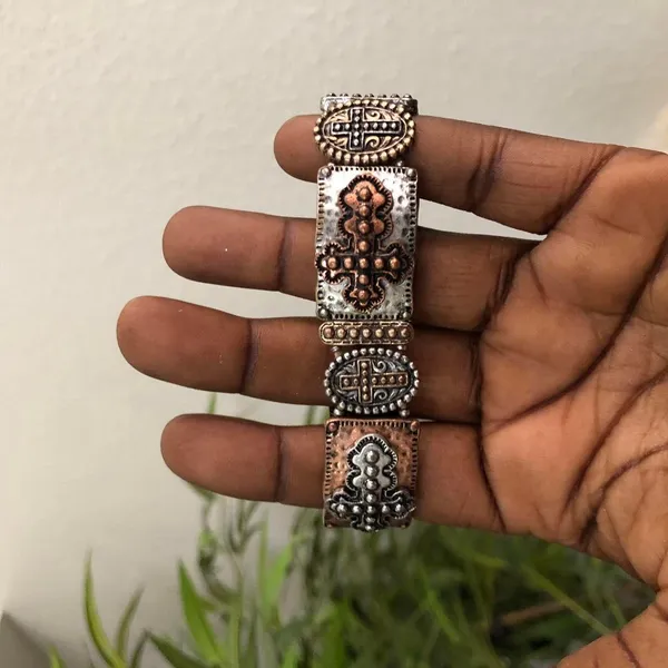 Y2K Bronze Silver Gold tone brown studded metal cross bracelet bangle jewelry #gothic #grunge #subversive #whimsygoth #emo jewel - Image 2