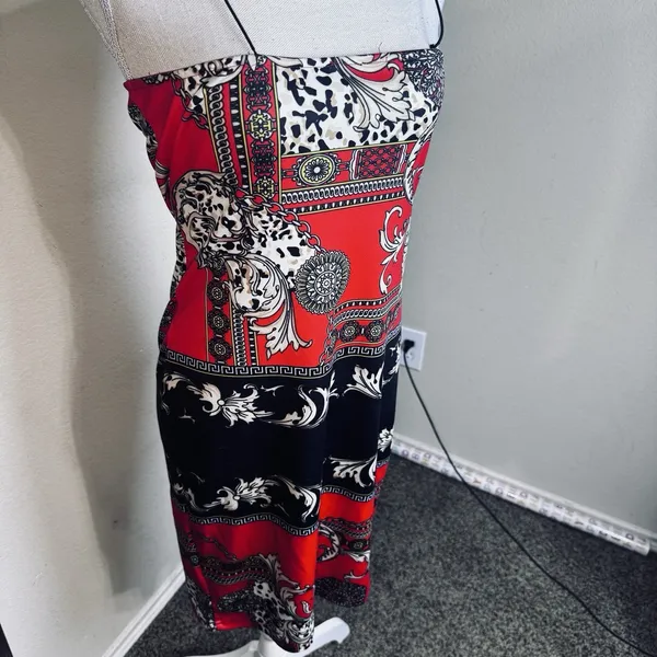 SheIn Baroque Red Black Sleeveless Dress Size S Knee Length Bodycon Stretchy - Image 3