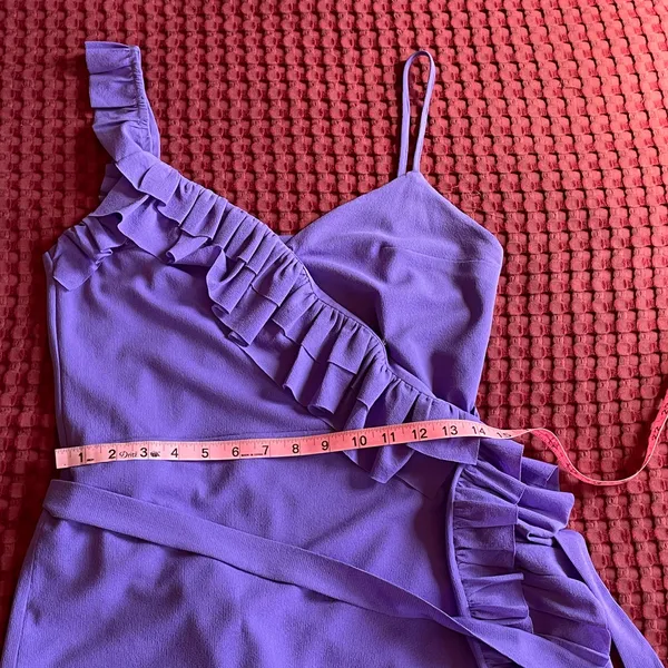 Handmade One-of-a-Kind Purple Chiffon Ruffle Wrap Mini Dress Vintage Fabric - Image 6