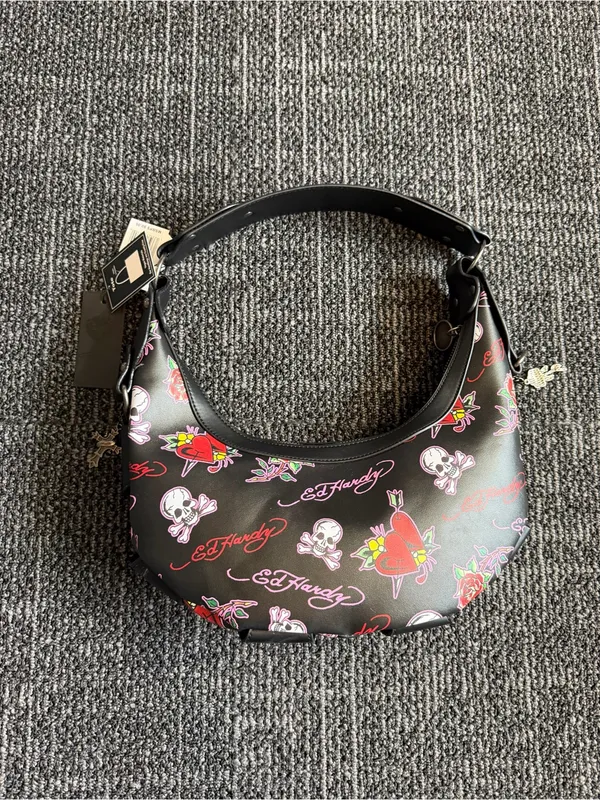 Ed Hardy Tattoo Print Hobo Bag Black Studded Love Kills Slowly Cross Charm NWT - Image 6