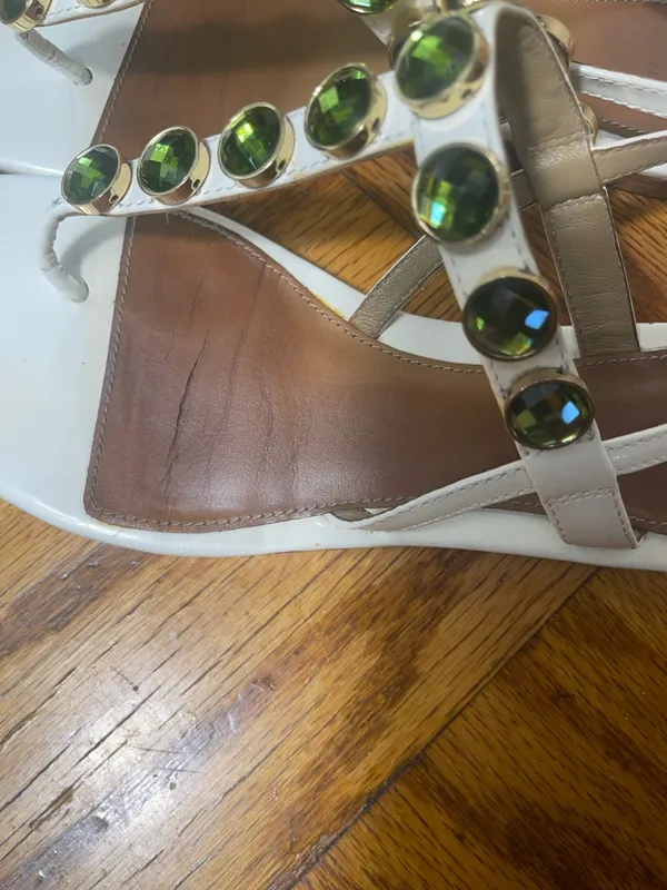 Tory Burch White T-Strap Sandals with Green Gemstones - Image 3