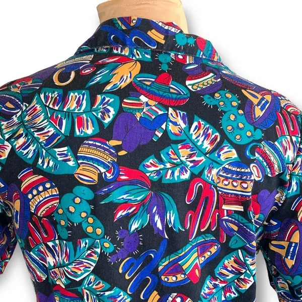 Vintage Colorful Festival Button Up‎ Shirt Southwestern Medium Novelty Print - Image 6