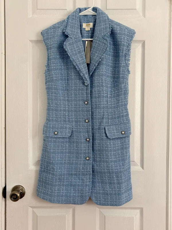 Maeve Anthropologie Blue Tweed Sleeveless Blazer Mini Dress Preppy Mod Quiet Luxury Size 6 - Image 2