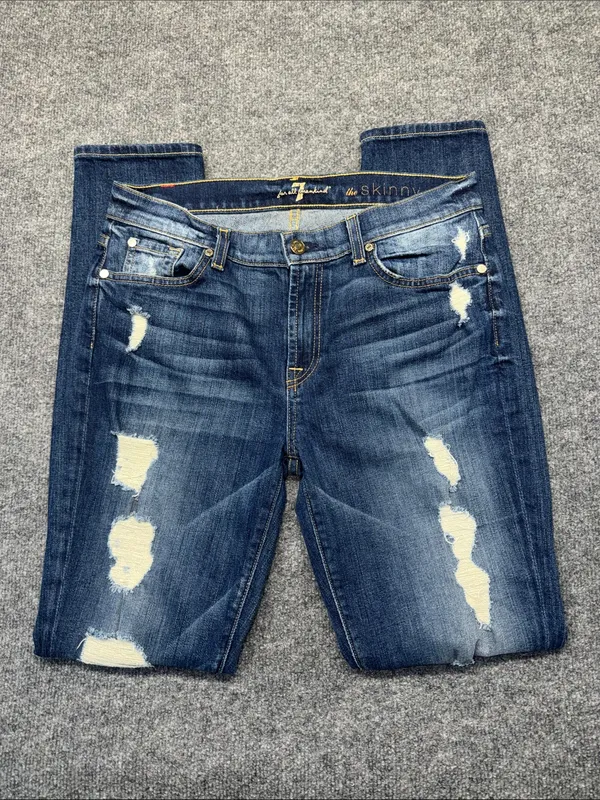 7 For All Mankind The Skinny Distressed Dark Blue Jeans - Image 4