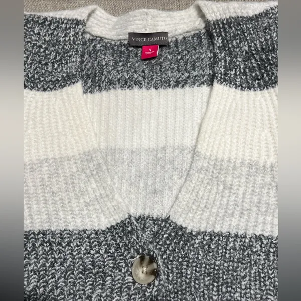 Vince Camuto Puff Sleeve Button Front Gray & Cream Striped Cardigan size small - Image 13