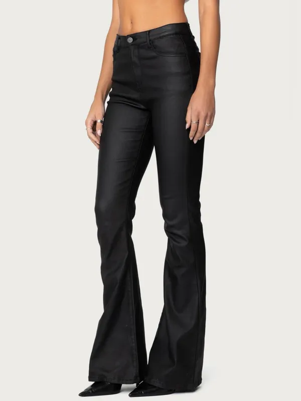 Edikted Faux Black Leather Flare Pants - Image 3