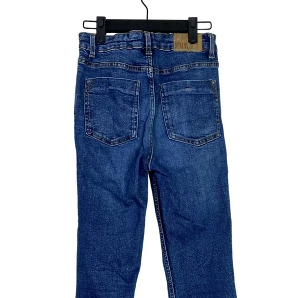 ZARA Flared High Rise Straight Leg Raw Hem Broken In Jean Zip 2 Dark Blue Wash - Image 6