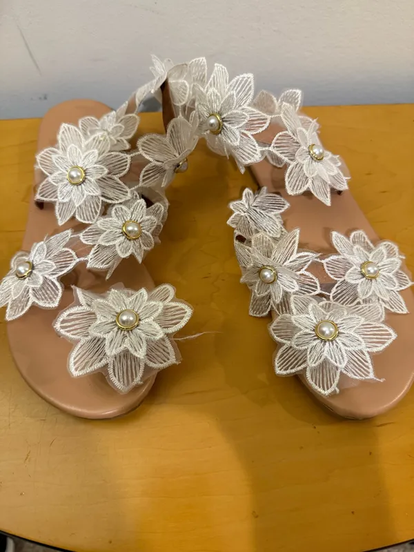 Lace Floral Pearl Embellished Women’s Sandals - Image 2