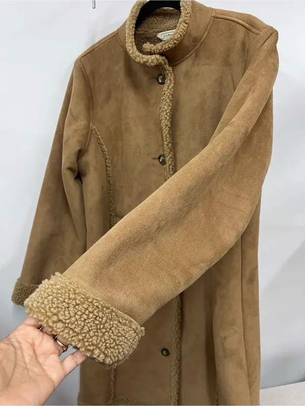 L.L. Bean Women's suede faux fur Shearling-Trim Trench Coat L regular - Image 11